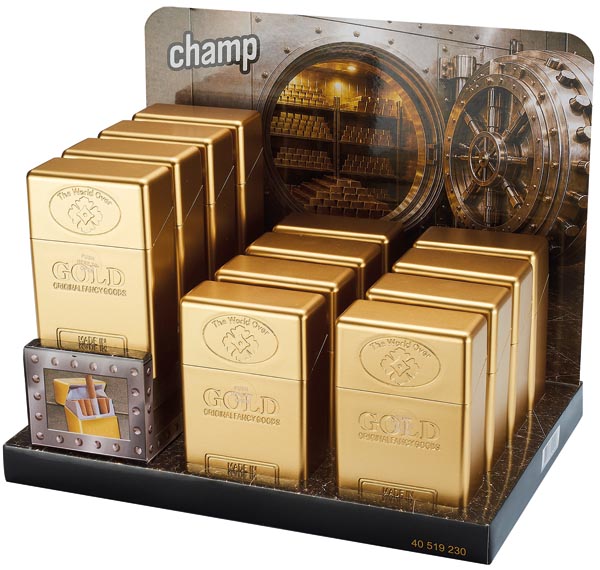 Goldbarren-Zigarettenpackung, Gold im 12er Display aus Kusto