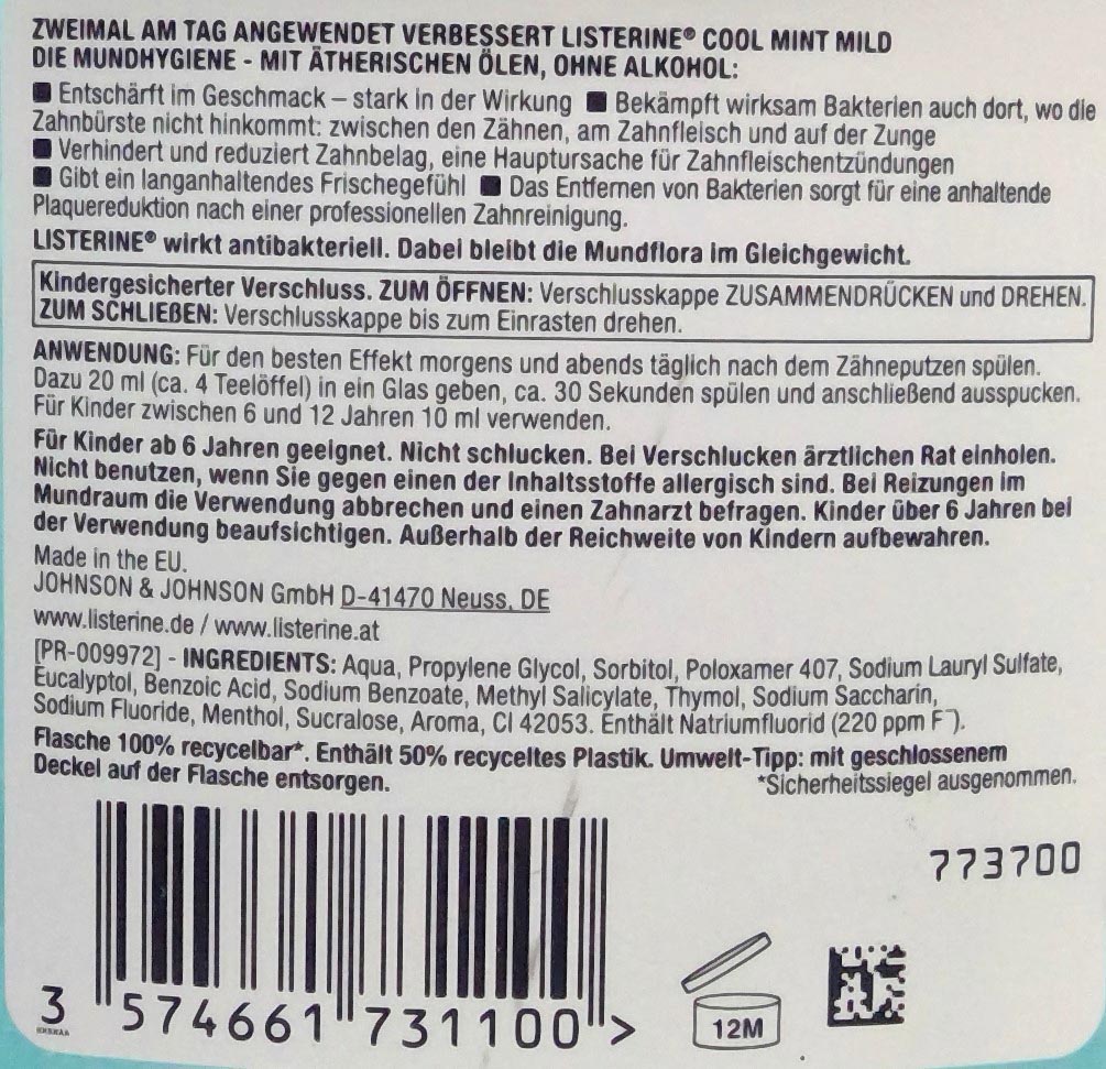 Listerine Mouthwash 500ml Cool Mint Mild