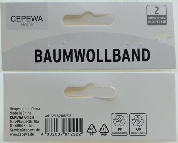 Baumwollband, 2er Set, 50m Baumwolle, 2 Rollen á 50 Meter