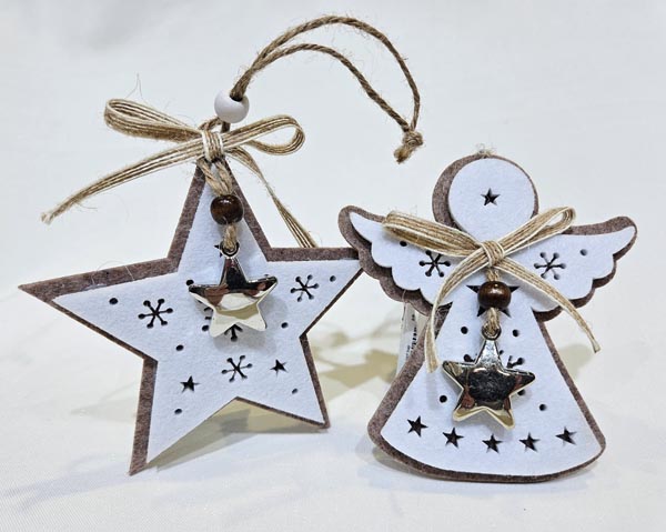 Hanging star or angel made of wood 13x12x2cm, with silver