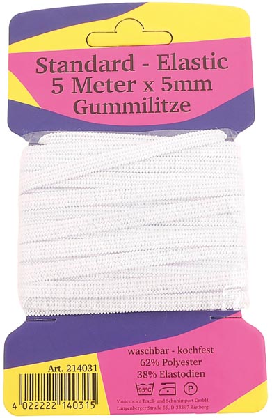 Gummilitze 5m x 5mm auf Karte, 62 % Polyester, 38