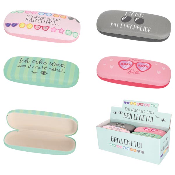 Brillenetui mit Spruch 16cm, 4/s, Eisenblech, 4 Designs