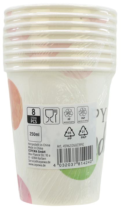 Happy Birthday Pappbecher Punkte, 8er Set!, 250ml Papier