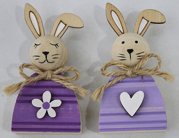 Wooden bunny with heart or flower and raffia bow 8x4x2cm,