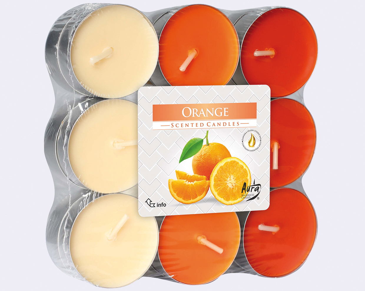 Tealights fragrance orange 18 pack, 3 col. ass.