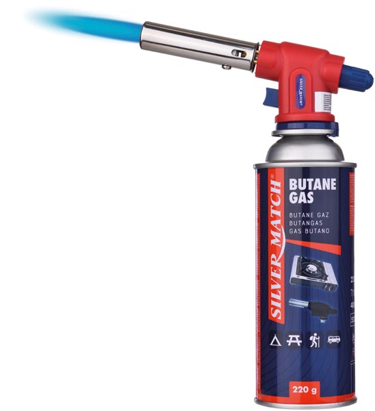 Gas-Kartusche 220 g + Brennerkopf, Blau / Rot