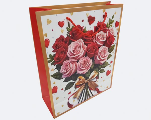 Geschenktasche mittel 23x18x10cm matt, mit Kordel, Rosen mit
