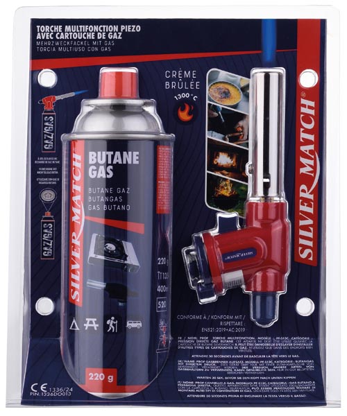 Gas-Kartusche 220 g + Brennerkopf, Blau / Rot