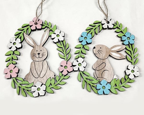 Wooden hanger with wreath and cute bunny XL 13cm, 2-piece