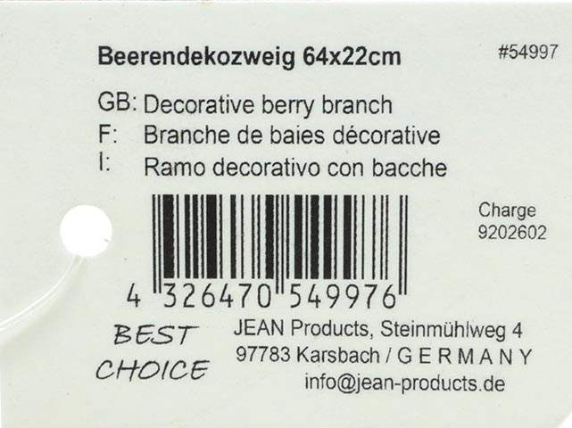Deko-Beerenszweig XL 64x22cm, schneeverziert, rot glänzend,