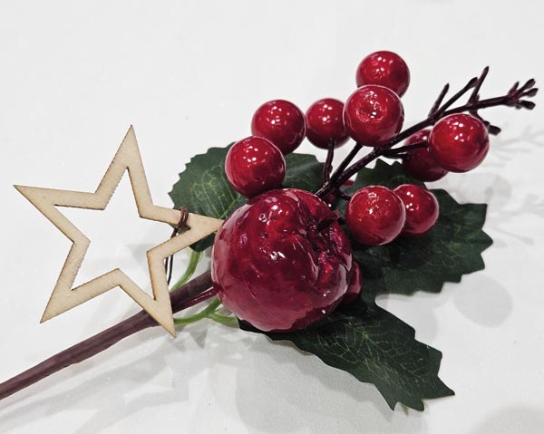 Branch decorated with a wooden star 25cm and a large shiny a