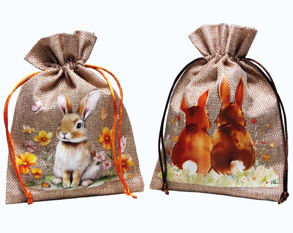 Jutebeutel-Look mit Hase und Blümchen verziert, 21x15cm,