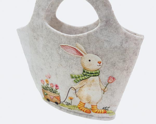 Filztasche 21x21cm mit Hasen-Motiv in zarten Frühlingsfarben