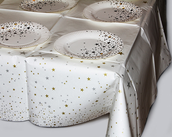 Paper tablecloth 160x120cm, with gold and silver star motif,