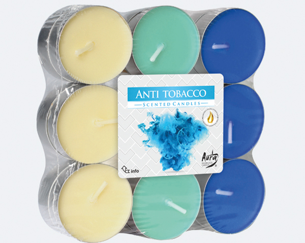 Tealights fragr. 18s anti-tobacco, block pack.