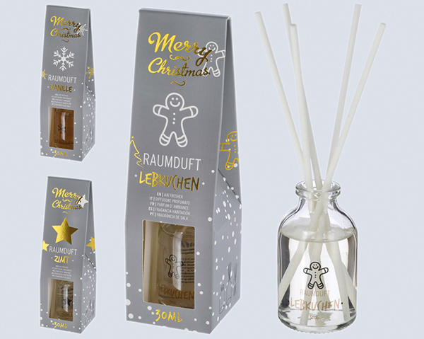 Raumduft, Weihnachten, 3/s, 30 ml, Zimt, Vanille, Lebkuchen sortiert, goldene Sc