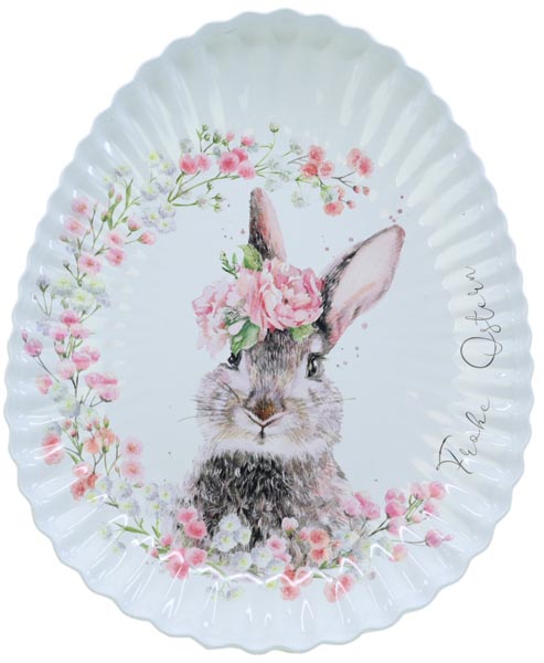 Metal Easter plate with cute rabbit motif 23.7x18.5x2.5cm,