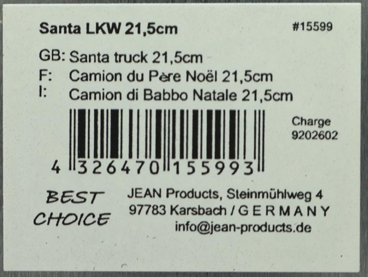 Santas LKW XL 21,5x11,7x9,3cm aus Metall mit bewegl. Rädern