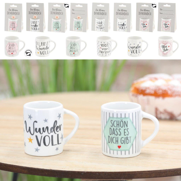 Mini cup sayings on card, 6/s, approx. 6x5cm porcelain, 6