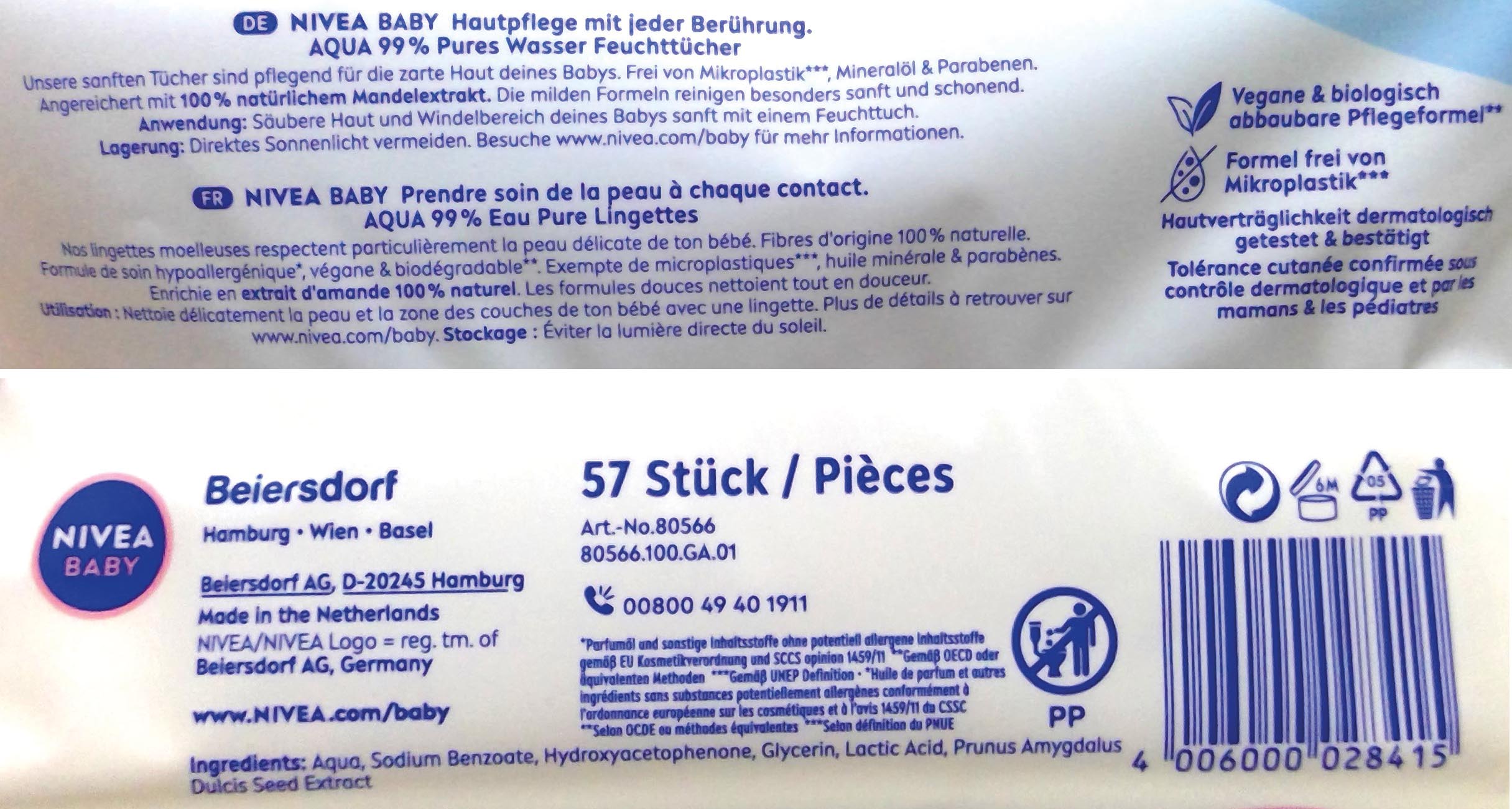 Nivea Baby wet wipes 99% Aqua 57's