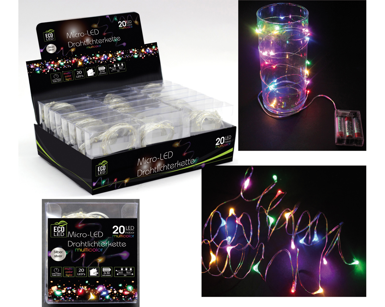 LED wire light chain 20 LED colored, 200cm long