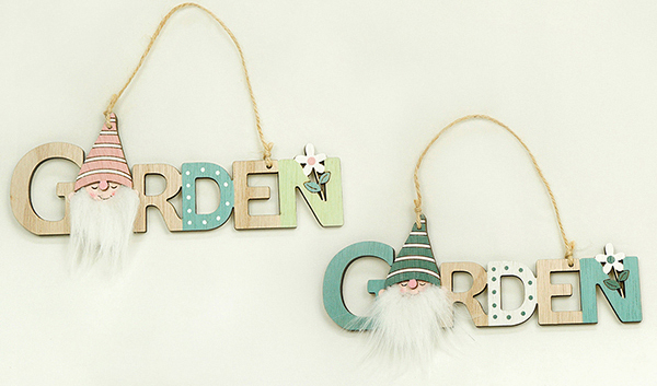 Great hanger decorated with garden gnomes and flowers made