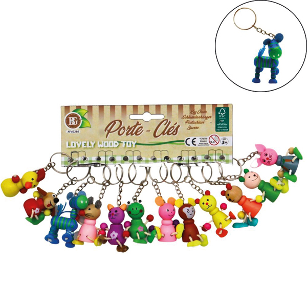 Keychain wooden animals 8-9cm 12ass.