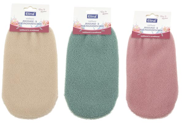 Massage- und Peelinghandschuh 21x11cm 3Fb. sort.