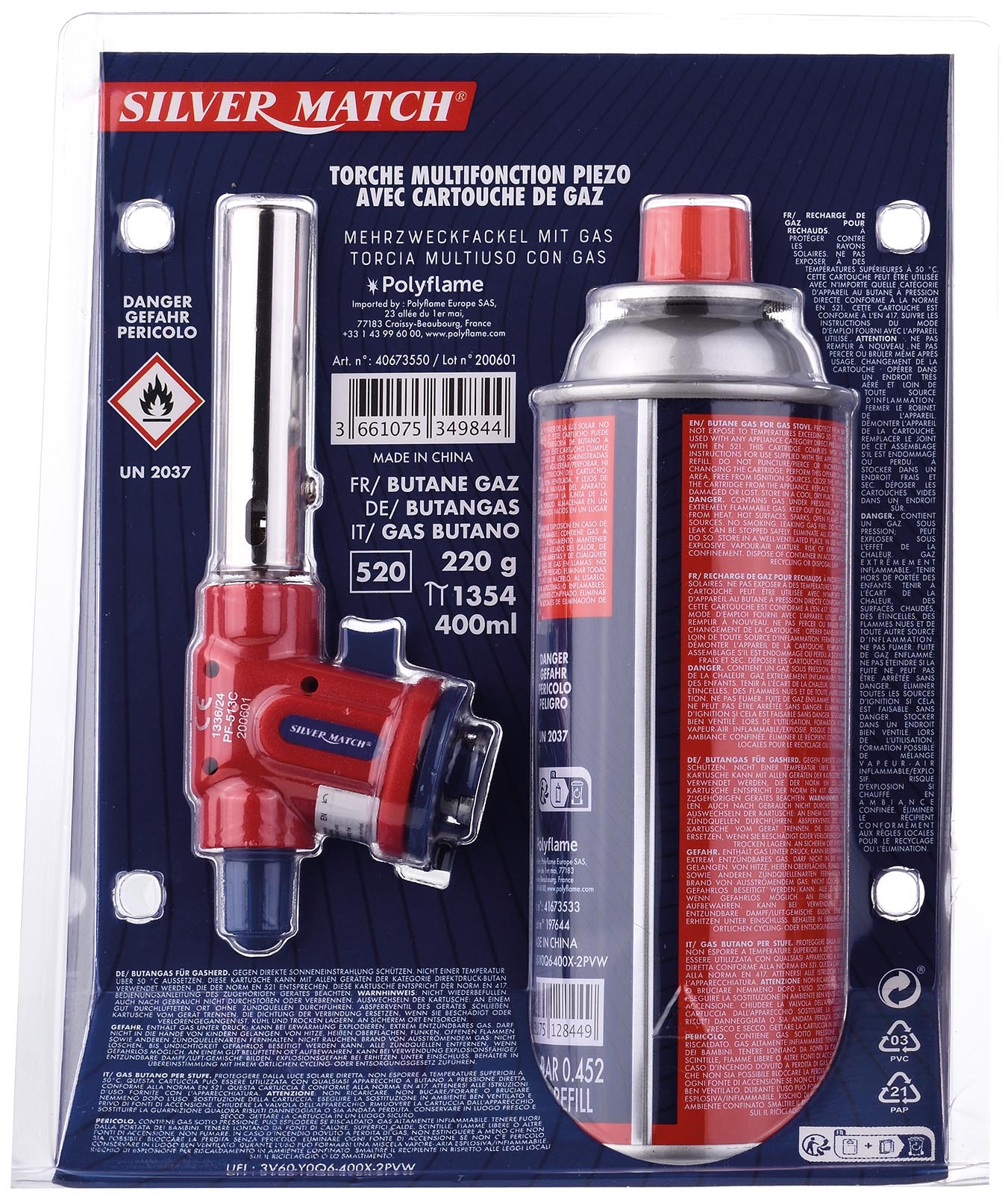 Gas-Kartusche 220 g + Brennerkopf, Blau / Rot