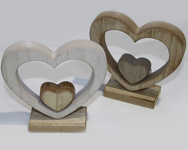 Élégant double cœur en bois sur support en bois 12x3,5x12cm,