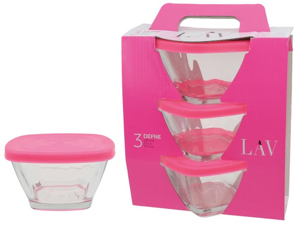 Schüssel Glas, 315ml, mit pinkem Deckel, 3er Set
