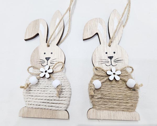 Wooden bunny with ribbon & beads, 14.6 x 7.6cm, wrapped with