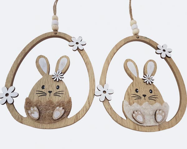 Ovaler Hänger mit Hasenmotiv XL 13cm, Holzrahmen, Juteband