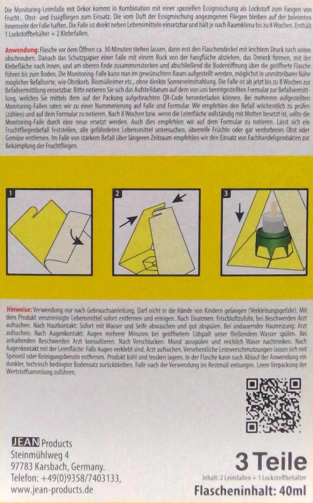 Fliegenfänger 3tlg Fruchtfliegenfalle Monitoring