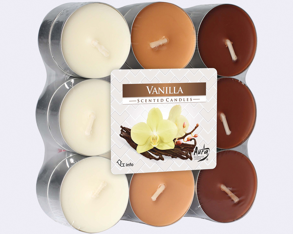 Tealights Vanilla 18-pack, 3 colours assorted