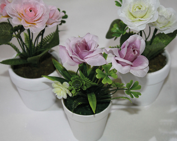 Rose mix in a chic white pot, 13cm with two heads decorated