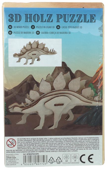 Holz Puzzle 3D 18x11cm Dinos, 4 fach sortiert im Display