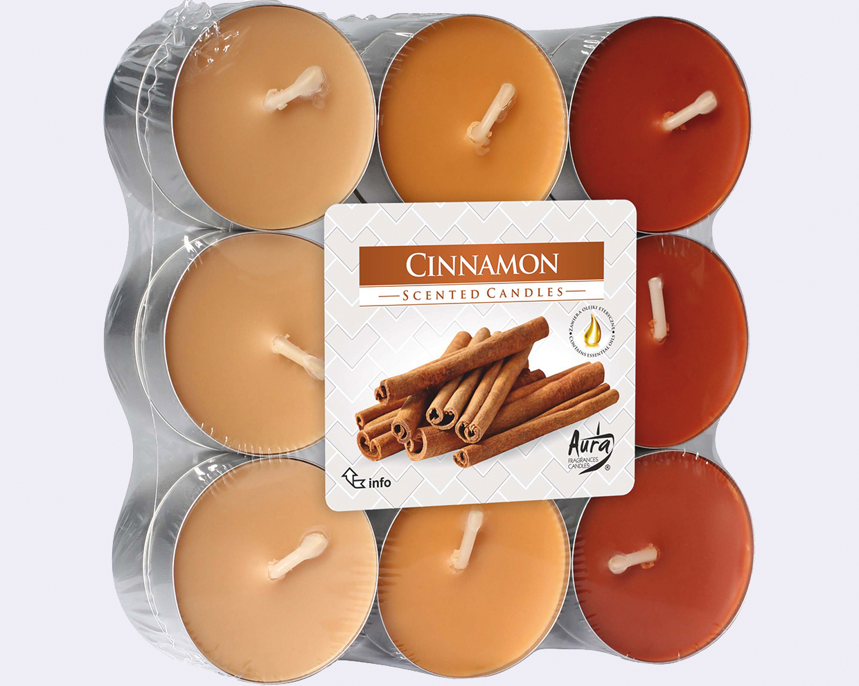 Tealights cinnamon 18-pack, 3 colours assorted