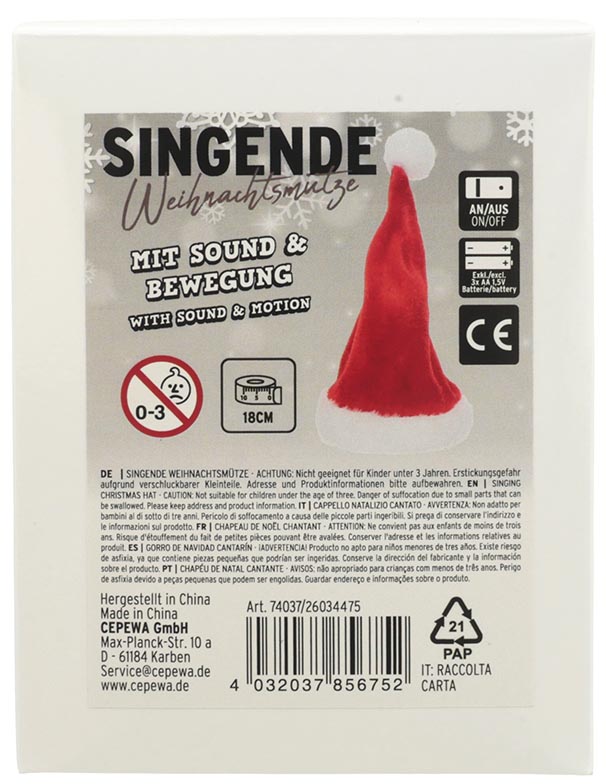 Singende Weihnachtsmütze, ca. 18x8cm, mit Sound und Bewegung
