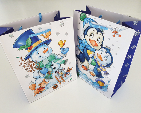 Geschenktasche 23x18x10cm, 157g, mit Schneemann oder Pinguin, hochw. mit Schneeg