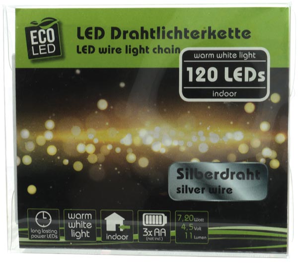 LED wire light, silver, 120 LEDs, warm white,