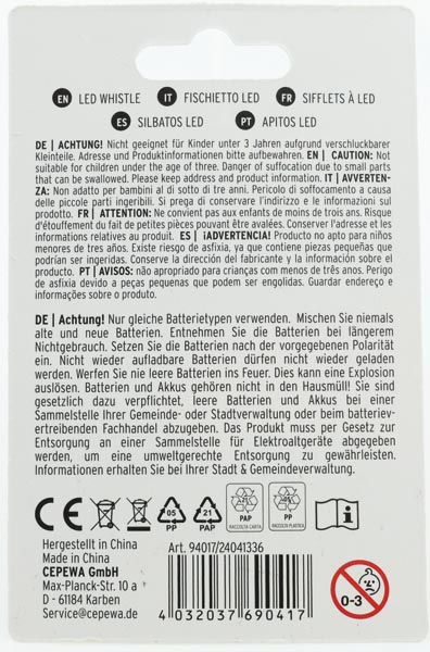 LED Trillerpfeife , ca. 6cm , 6/s 24 Tray, PVC , auf Karte ,