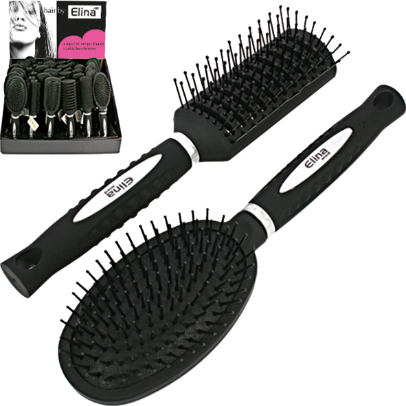 Brosse à cheveux caoutchoutée 6x tri, présentoir,