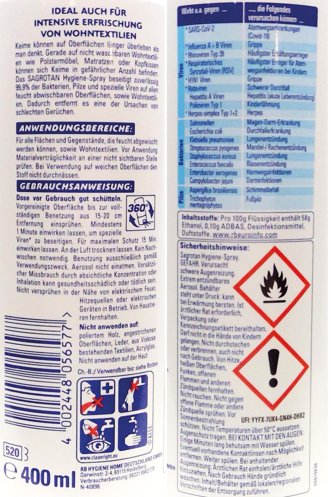 Sagrotan Hygiene-Spray 400ml Desinfektionsspray