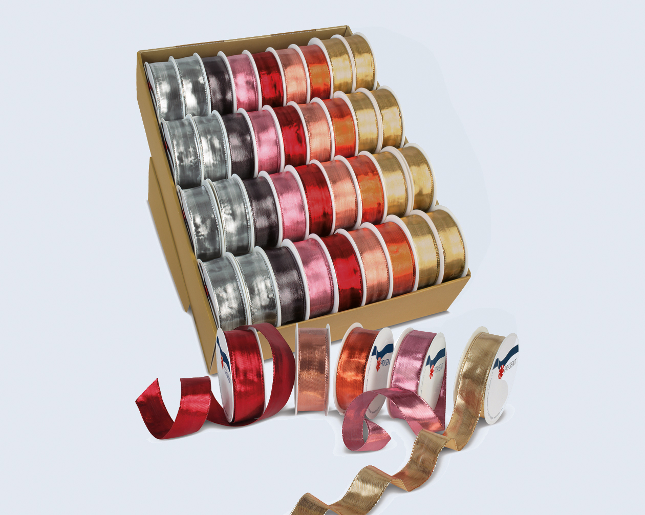 Decorative tape on a roll in a display of 36,