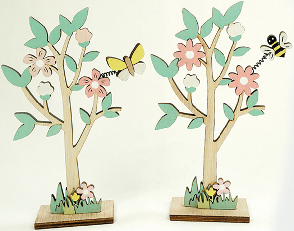 Tree with flowers bees and grass made of wood XL on a stand