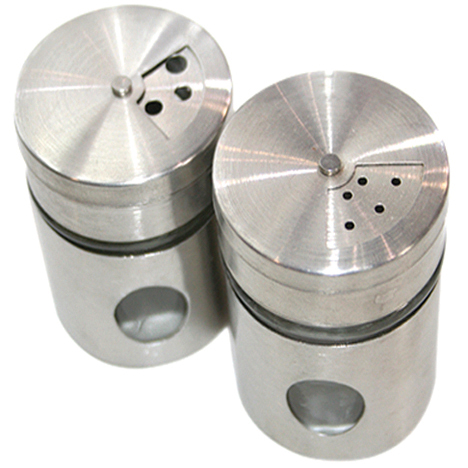 Spice shaker made of glass and stainless steel