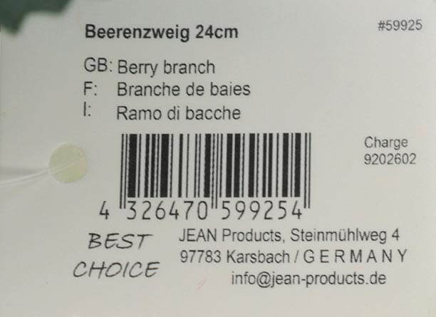 Beerenzweig 24cm mit 6 großen Blättern, ca. 4 Tannen-Spitzen