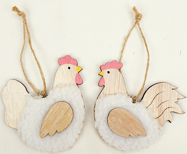 Rooster and hen made of wood with fur 8.5x8x1cm, 2 assorted,