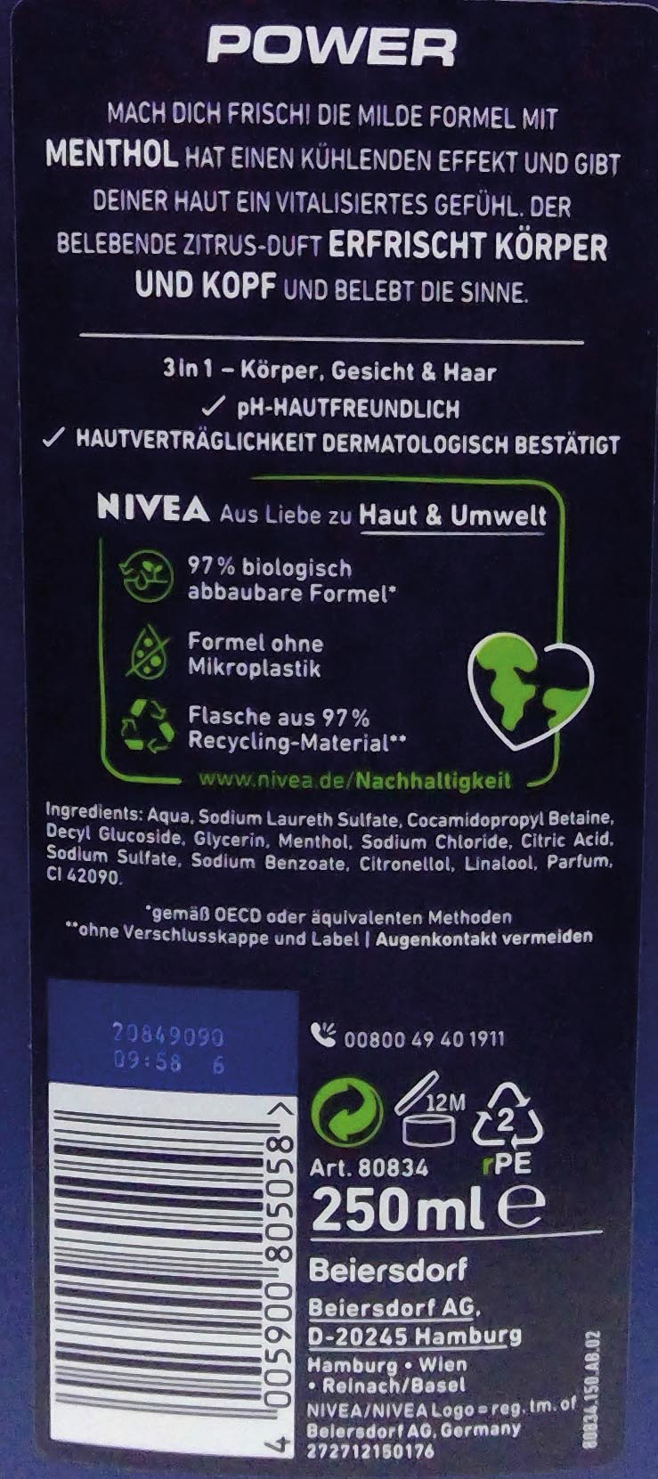 Nivea Shower 250ml For Men Power Fresh